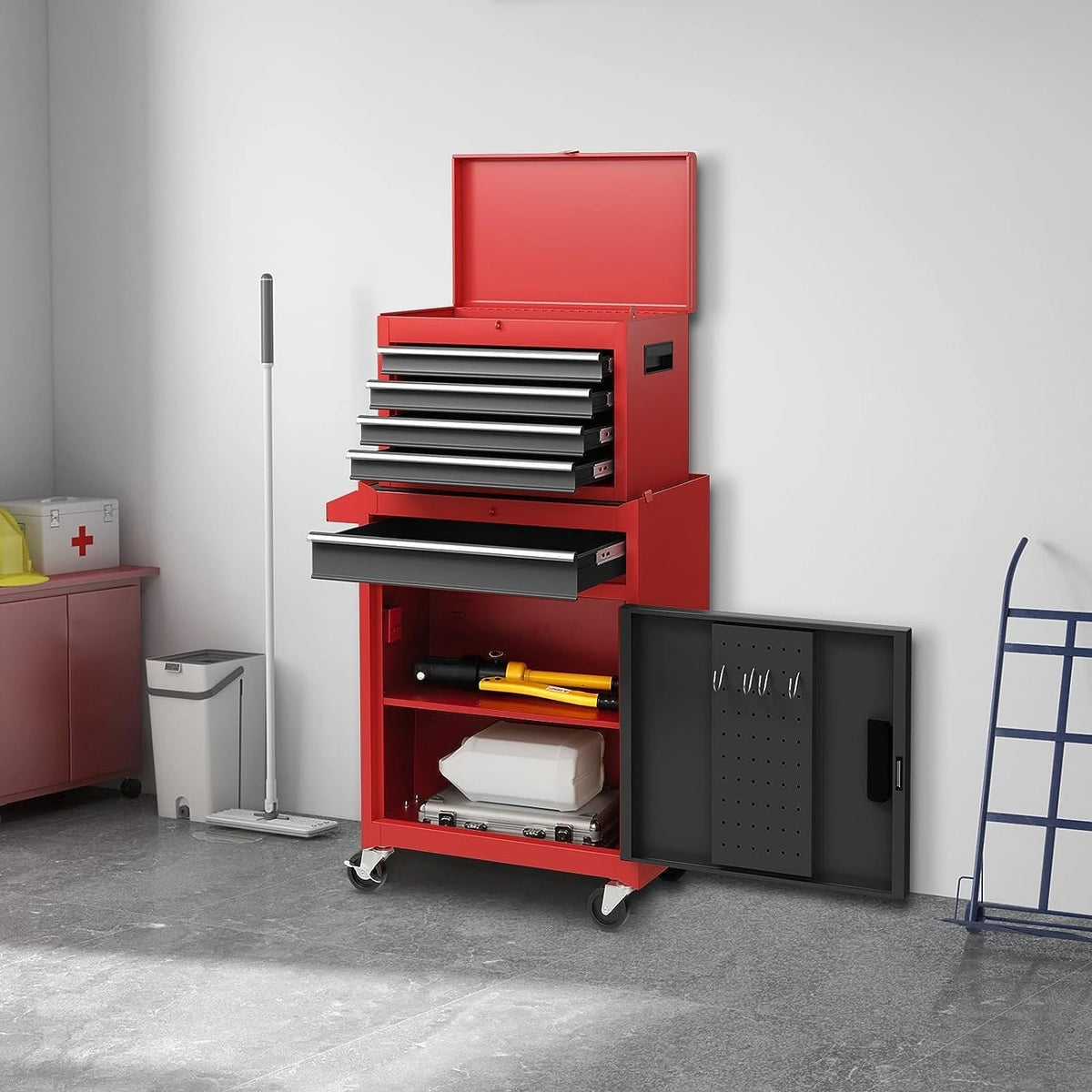 Rolling Tool Chest, 5-Drawer Tool Box Organizer W/Lockable Wheels & Sliding Drawers & Detachable Top & Adjustable Shelf, Tool Storage Cabinet for Garage Workshop (Red+Black) — product view 8