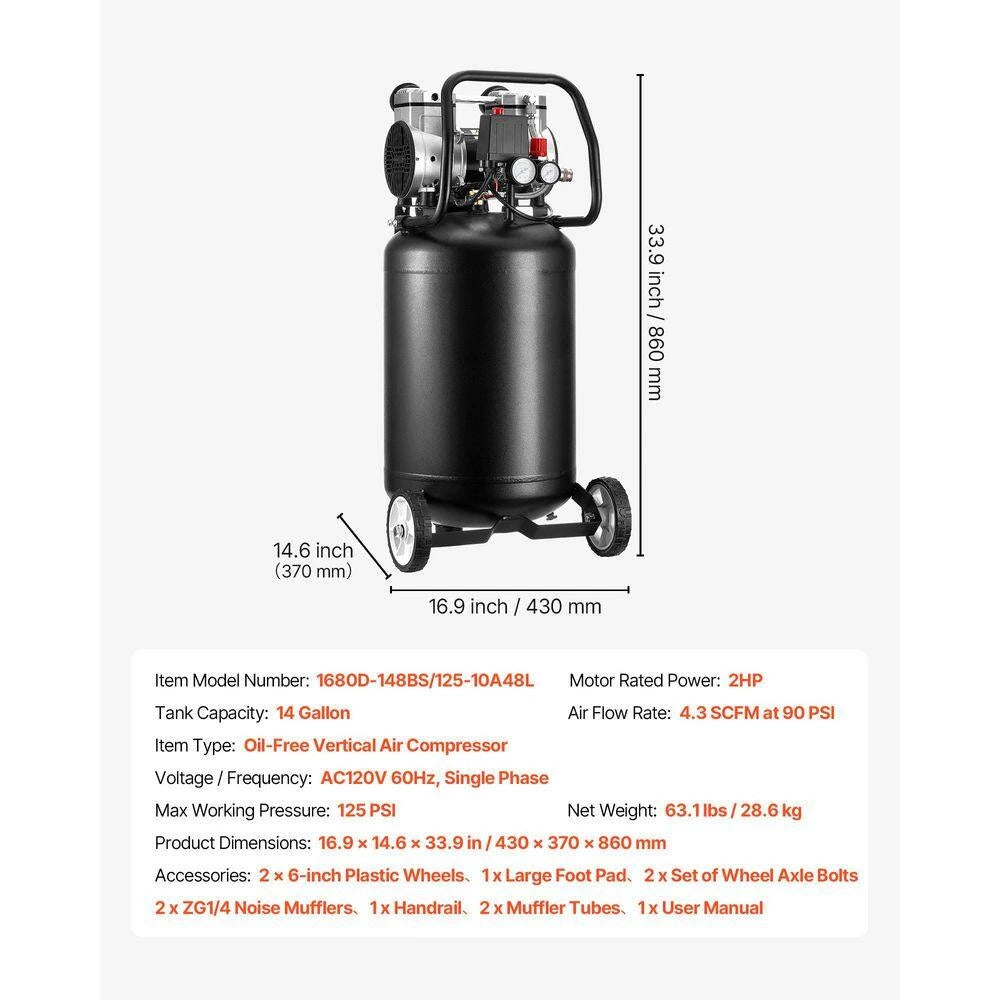 14Gal. Air Compressor 120-Volt 2HP 4.3 SCFM at 90PSI Max 125PSI Pressure Oil-Free Air Compressor Tank Electric on Wheels — product view 7