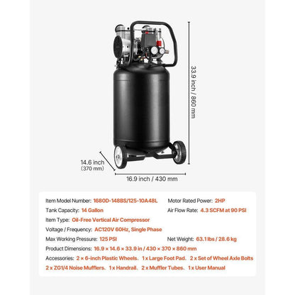 14Gal. Air Compressor 120-Volt 2HP 4.3 SCFM at 90PSI Max 125PSI Pressure Oil-Free Air Compressor Tank Electric on Wheels — product view 7
