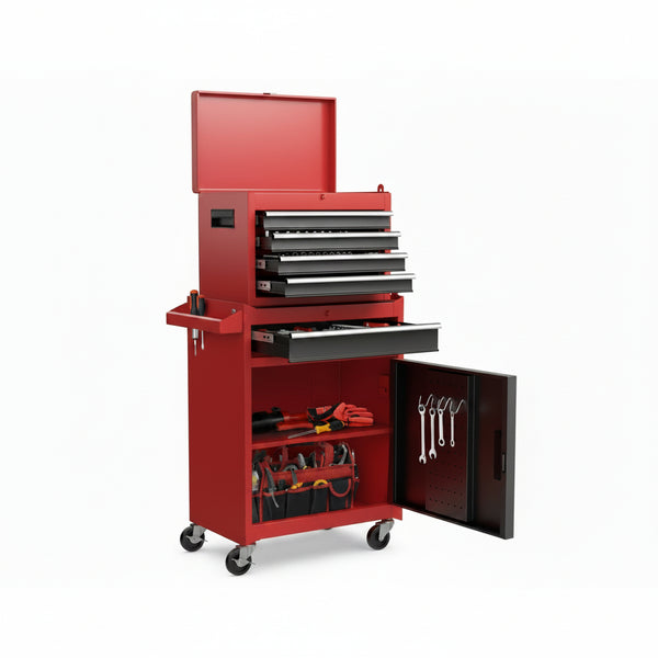 Rolling Tool Chest, 5-Drawer Tool Box Organizer W/Lockable Wheels & Sliding Drawers & Detachable Top & Adjustable Shelf, Tool Storage Cabinet for Garage Workshop (Red+Black)