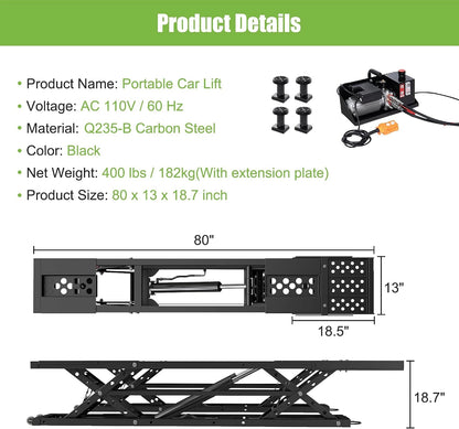 7000 LBS Portable Car Lift with Extension Plates, Black — product view 2