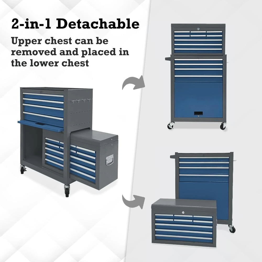Kirmoasl 13-Drawer Rolling Tool Chest, Large Tool Chest with Wheels, 2 in 1 Detachable Tool Chests, Portable Tool Storage, Locking Mechanic Tool Box for Warehouse, Garage, Gray & Blue — product view 4