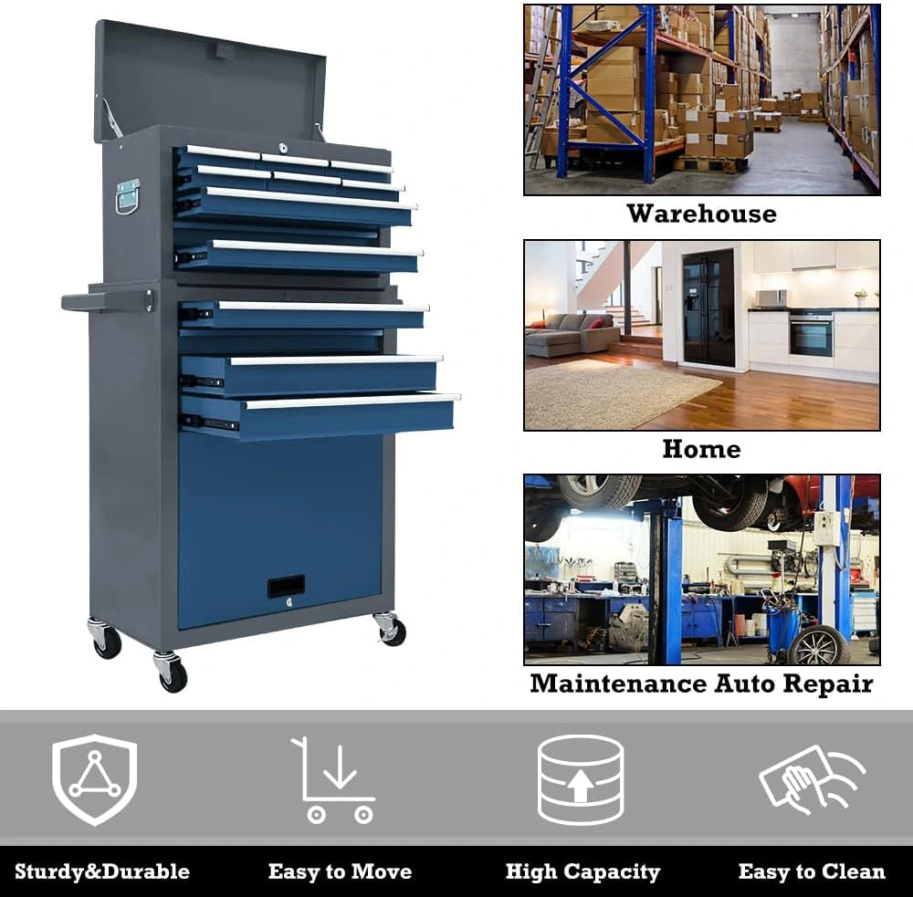 Kirmoasl 13-Drawer Rolling Tool Chest, Large Tool Chest with Wheels, 2 in 1 Detachable Tool Chests, Portable Tool Storage, Locking Mechanic Tool Box for Warehouse, Garage, Gray & Blue — product view 5