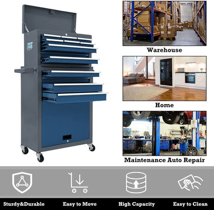 Kirmoasl 13-Drawer Rolling Tool Chest, Large Tool Chest with Wheels, 2 in 1 Detachable Tool Chests, Portable Tool Storage, Locking Mechanic Tool Box for Warehouse, Garage, Gray & Blue — product view 5