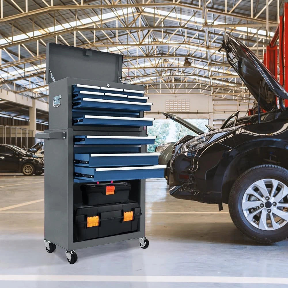 Kirmoasl 13-Drawer Rolling Tool Chest, Large Tool Chest with Wheels, 2 in 1 Detachable Tool Chests, Portable Tool Storage, Locking Mechanic Tool Box for Warehouse, Garage, Gray & Blue — product view 6