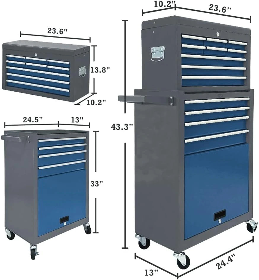 Kirmoasl 13-Drawer Rolling Tool Chest, Large Tool Chest with Wheels, 2 in 1 Detachable Tool Chests, Portable Tool Storage, Locking Mechanic Tool Box for Warehouse, Garage, Gray & Blue — product view 7