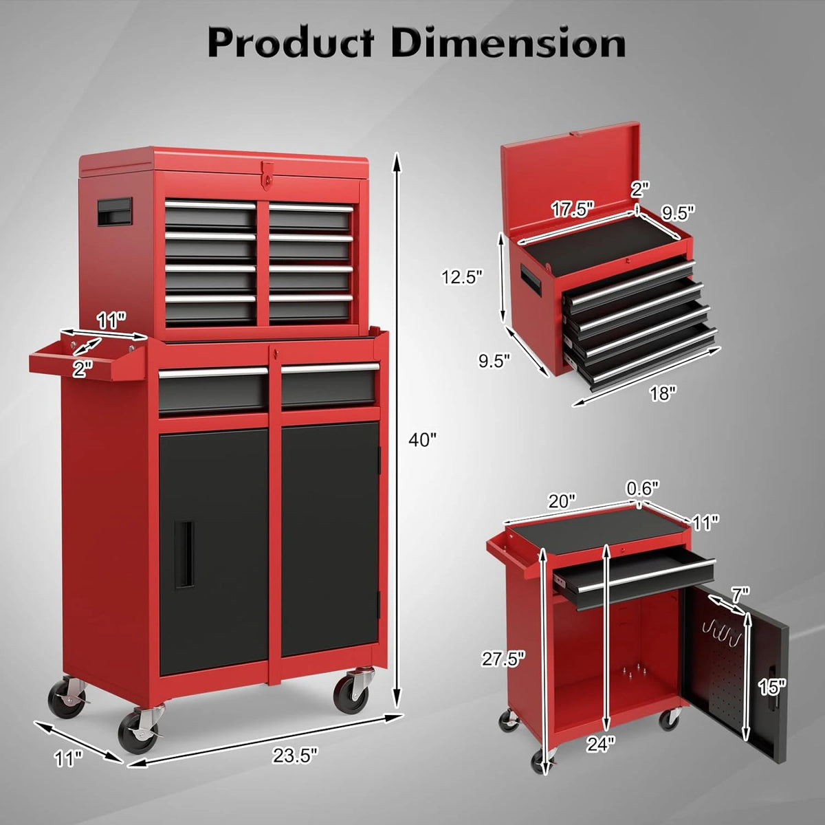Rolling Tool Chest, 5-Drawer Tool Box Organizer W/Lockable Wheels & Sliding Drawers & Detachable Top & Adjustable Shelf, Tool Storage Cabinet for Garage Workshop (Red+Black) — product view 3