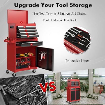 Rolling Tool Chest, 5-Drawer Tool Box Organizer W/Lockable Wheels & Sliding Drawers & Detachable Top & Adjustable Shelf, Tool Storage Cabinet for Garage Workshop (Red+Black) — product view 4