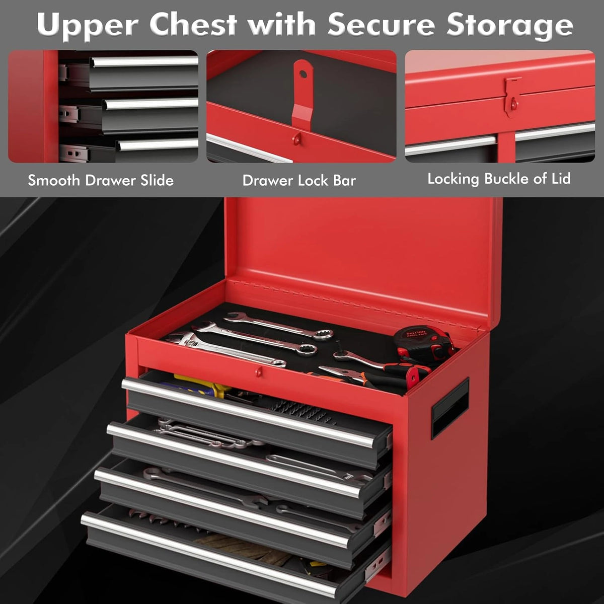 Rolling Tool Chest, 5-Drawer Tool Box Organizer W/Lockable Wheels & Sliding Drawers & Detachable Top & Adjustable Shelf, Tool Storage Cabinet for Garage Workshop (Red+Black) — product view 5