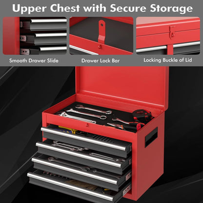 Rolling Tool Chest, 5-Drawer Tool Box Organizer W/Lockable Wheels & Sliding Drawers & Detachable Top & Adjustable Shelf, Tool Storage Cabinet for Garage Workshop (Red+Black) — product view 5