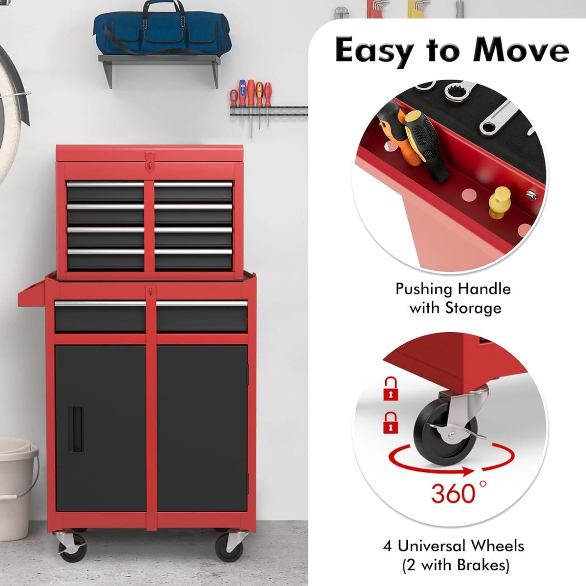 Rolling Tool Chest, 5-Drawer Tool Box Organizer W/Lockable Wheels & Sliding Drawers & Detachable Top & Adjustable Shelf, Tool Storage Cabinet for Garage Workshop (Red+Black) — product view 6
