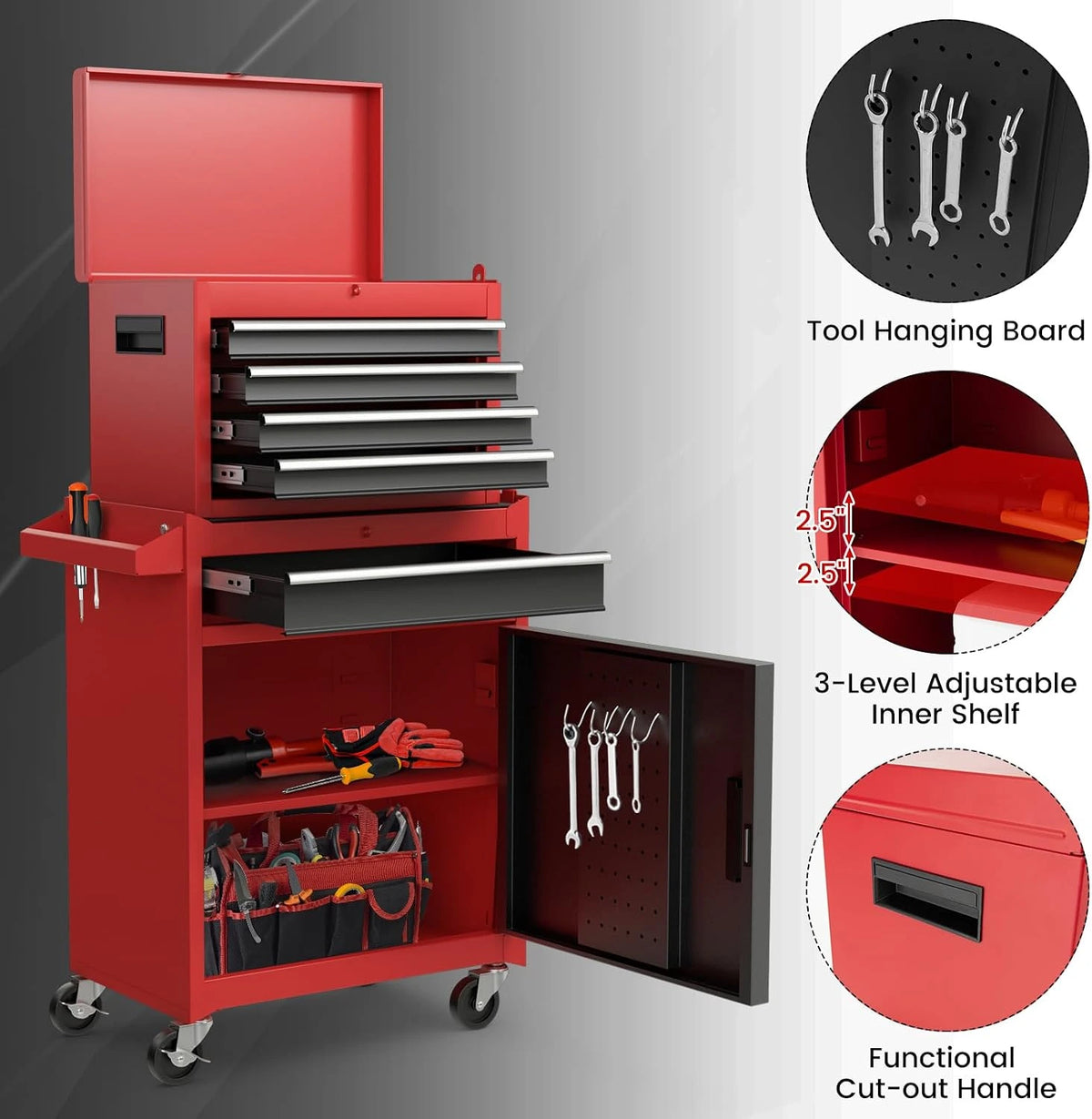 Rolling Tool Chest, 5-Drawer Tool Box Organizer W/Lockable Wheels & Sliding Drawers & Detachable Top & Adjustable Shelf, Tool Storage Cabinet for Garage Workshop (Red+Black) — product view 7